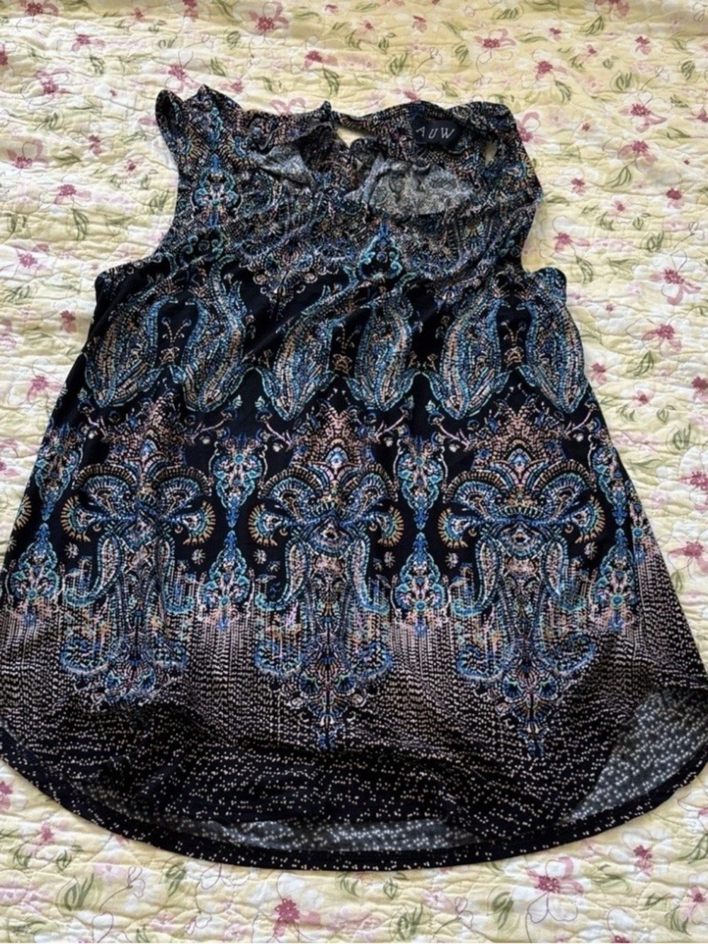 AUW Paisley Sleeveless Blouse Blue Black Damask Keyhole Back Tunic Top Size L